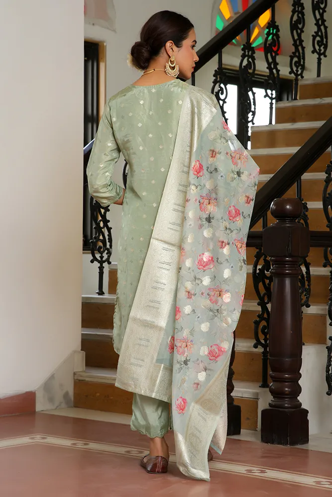 Vaasva Women Aqua Tissue Brocade Embroidered Kurta With Scalloped Pant & Dupatta Set