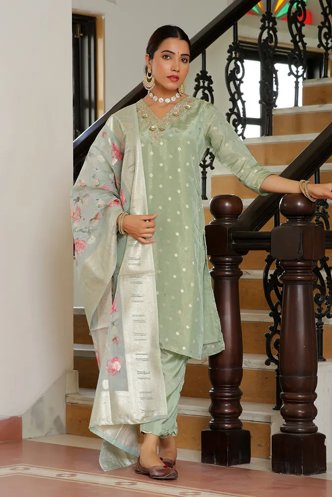 Vaasva Women Aqua Tissue Brocade Embroidered Kurta With Scalloped Pant & Dupatta Set