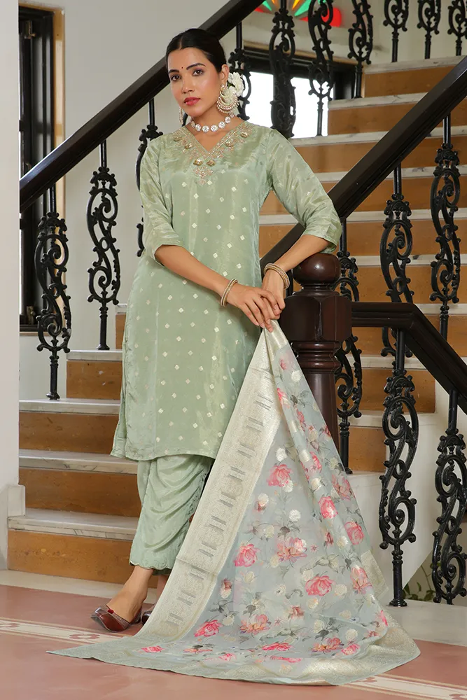 Vaasva Women Aqua Tissue Brocade Embroidered Kurta With Scalloped Pant & Dupatta Set