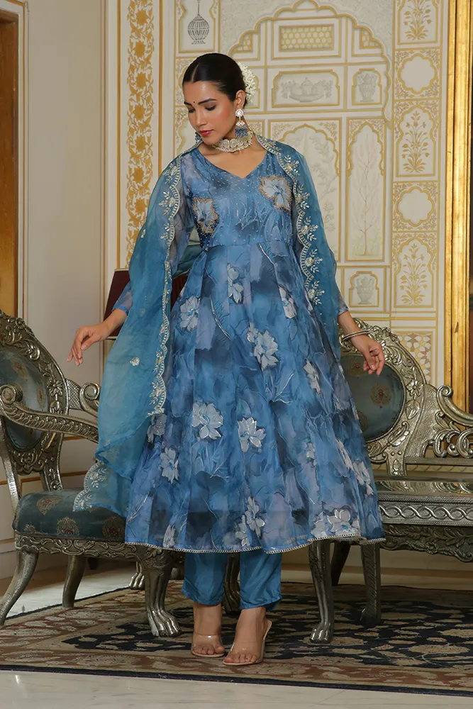 Vaasva Women Blue Embroidered Anarkali Kurta With Solid Pant & Dupatta Set