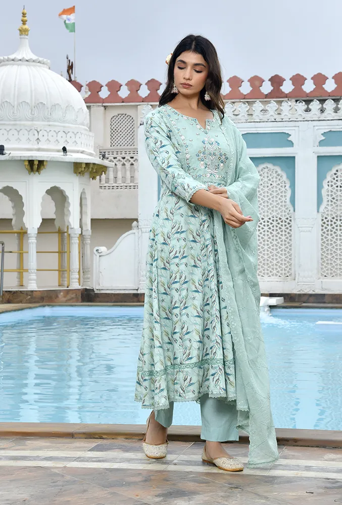 Vaasva Women Sky Blue Cotton Anarkali Set With Solid Pant And Embroidered Dupatta