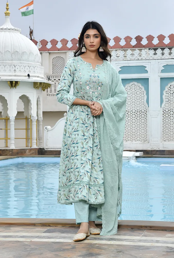 Vaasva Women Sky Blue Cotton Anarkali Set With Solid Pant And Embroidered Dupatta