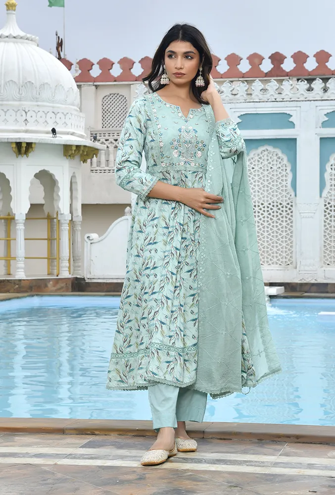 Vaasva Women Sky Blue Cotton Anarkali Set With Solid Pant And Embroidered Dupatta