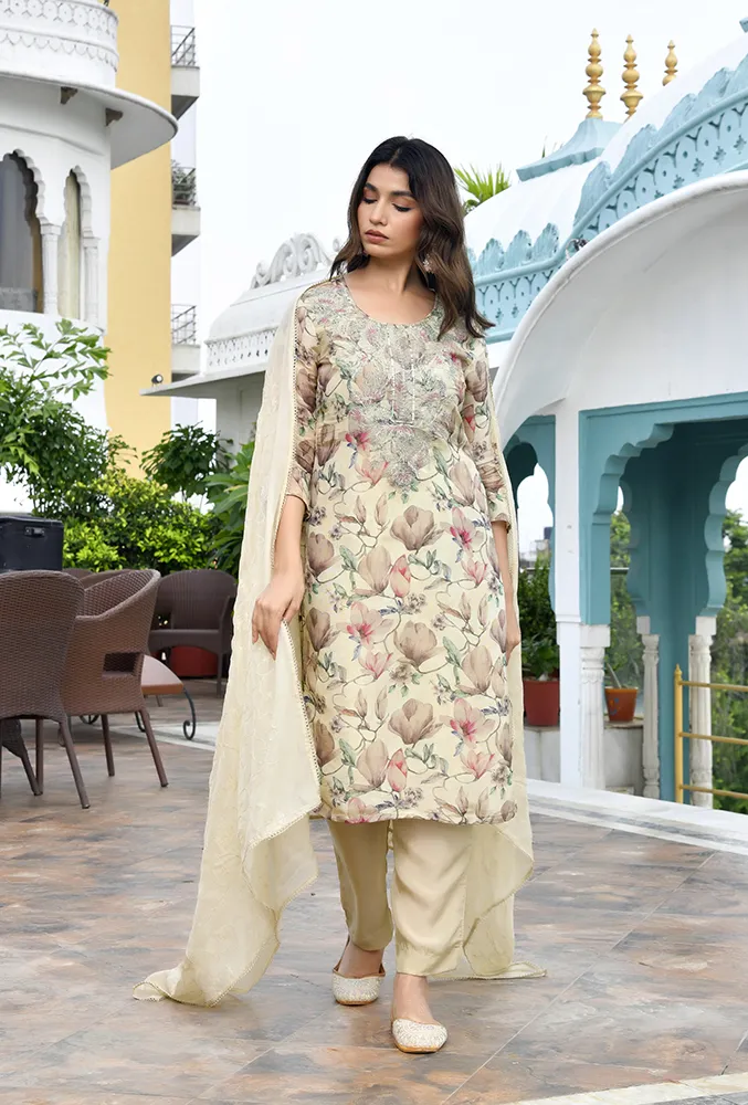 Vaasva Women Cream Tissue Embroidered Suit Set with Solid Pant and Embroidered Dupatta Set