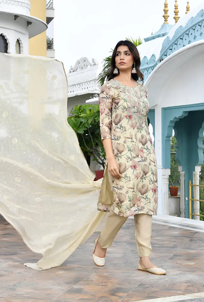 Vaasva Women Cream Tissue Embroidered Suit Set with Solid Pant and Embroidered Dupatta Set