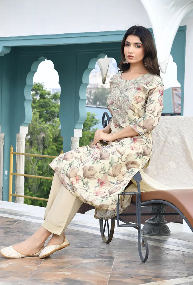 Vaasva Women Cream Tissue Embroidered Suit Set with Solid Pant and Embroidered Dupatta Set