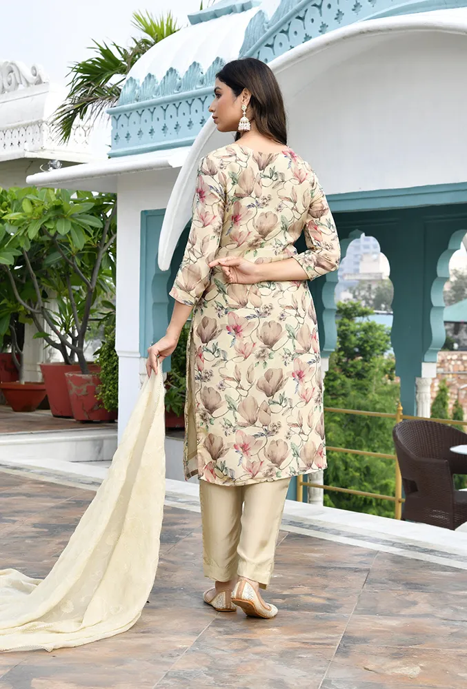 Vaasva Women Cream Tissue Embroidered Suit Set with Solid Pant and Embroidered Dupatta Set