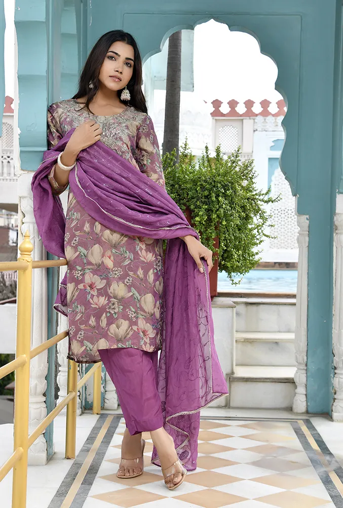 Vaasva Women Purple Tissue Embroidered Suit Set With Solid Pant And Embroidered Dupatta Set