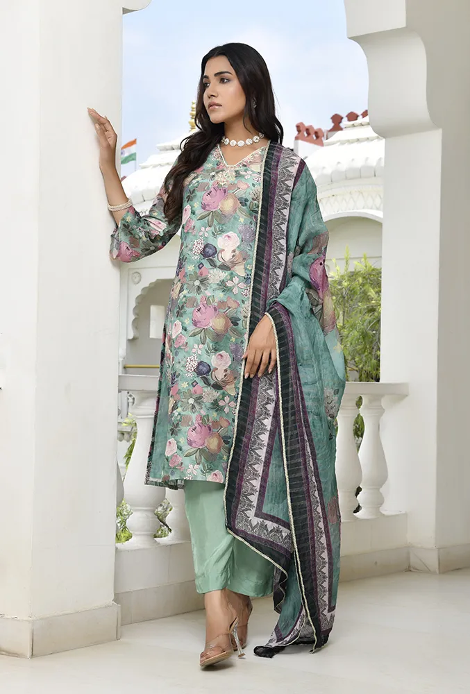 Vaasva Women green Tissue gota Embroidered Suit Set with Solid Pant and Embroidered Dupatta Set