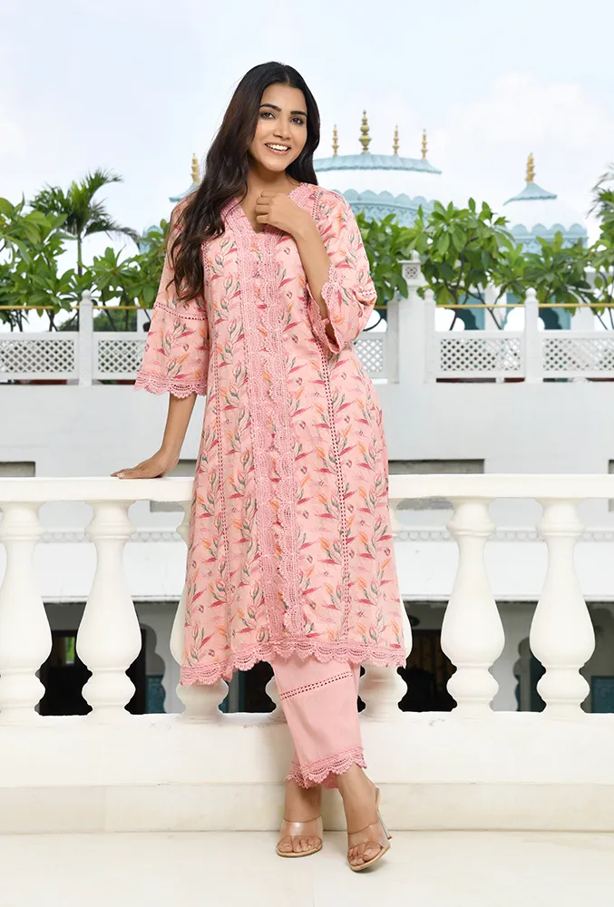 Vaasva Women Peach Cotton Printed Kurta Pant Set