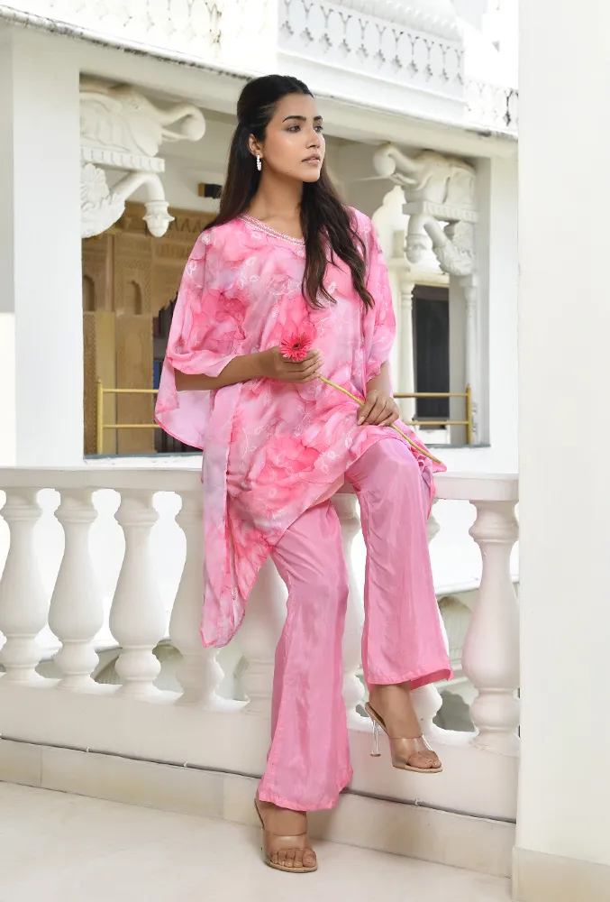 Vaasva Women Pink Georgette Marble Print Kaftan Pant Set