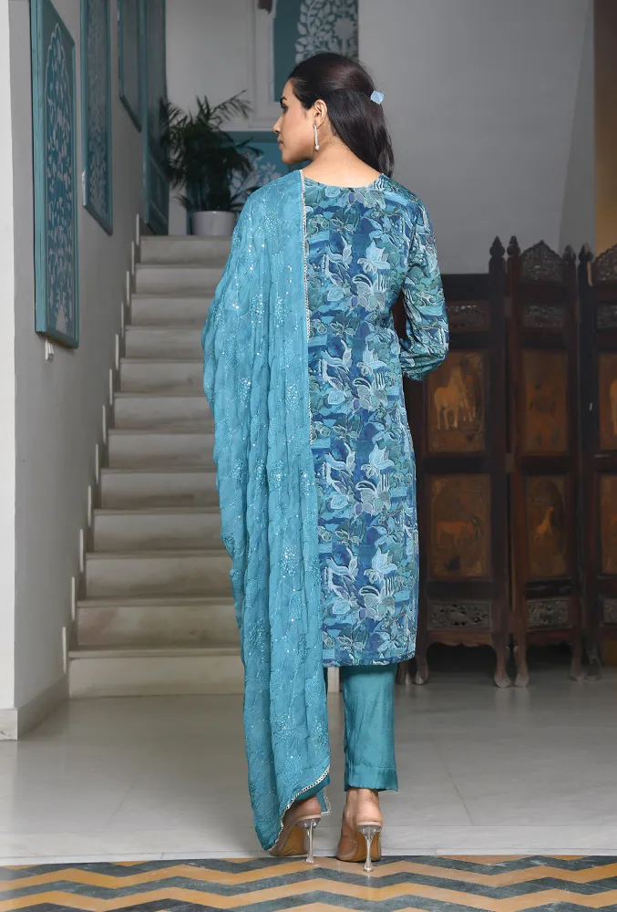 Vaasva Women Teal Crepe Embroidered Kurta, Pant & Dupatta Set