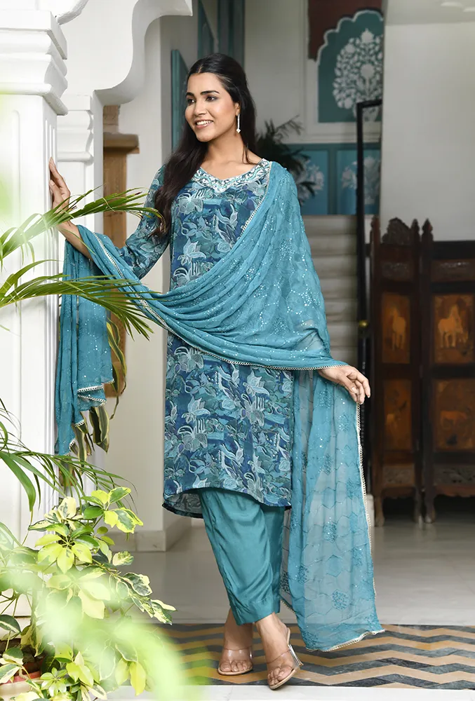 Vaasva Women Teal Crepe Embroidered Kurta, Pant & Dupatta Set