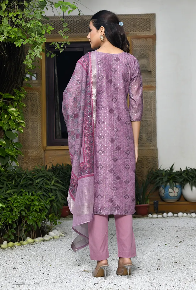 Vaasva Women Purple Chanderi Printed Kurta, Pant & Dupatta Set